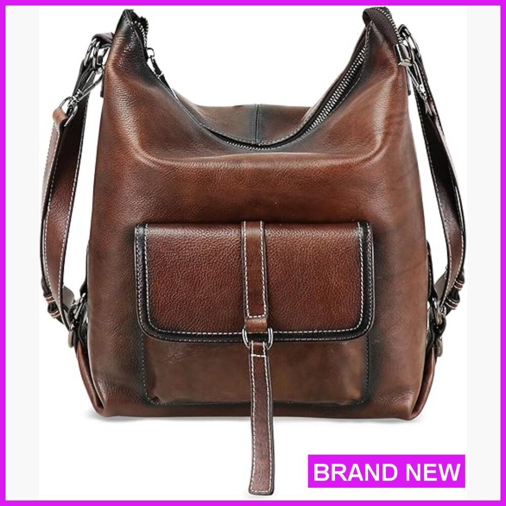 Vintage Leather Hobo Crossbody Backpack Adjustable Strap Multi-Pocket Purse